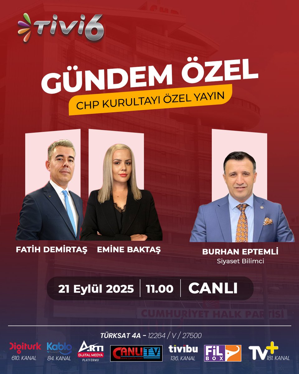 CHP Kurultayını <a href="/tivi6medya/">Tivi6</a> Yakından Takip Edecek Stüdyo Ve Kurultay Salonundan Canlı Bağlantılar İle Yarın ⏰11:00'de ... 
<a href="/BurhanEptemli/">BURHAN EPTEMLİ</a> <a href="/eminebaktas1/">Emine Baktaş</a> <a href="/sozhakki06/">Söz Hakkı</a>