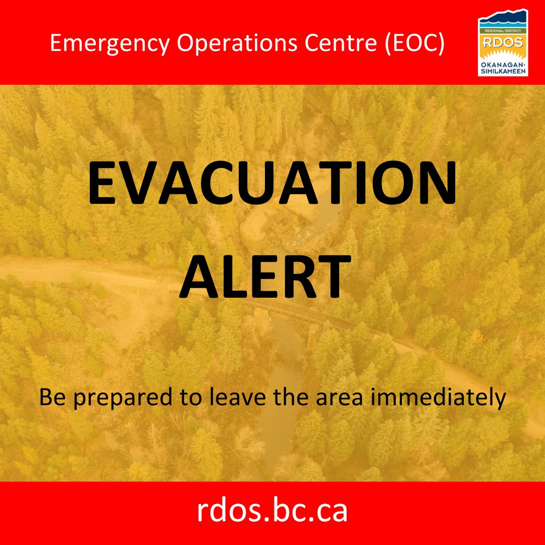 EOC Update: Evacuation Alert issued due to Osprey Lake Wildfire (K62149) in Electoral Area “H” Saturday, Sept. 20, 2025, 1:00 pm.

Evacuation Alert:
rdos.bc.ca/assets/Uploads…?

Information release:
rdos.bc.ca/newsandevents/… 

<a href="/BCGovFireInfo/">BC Wildfire Service</a> <a href="/DriveBC/">DriveBC</a>