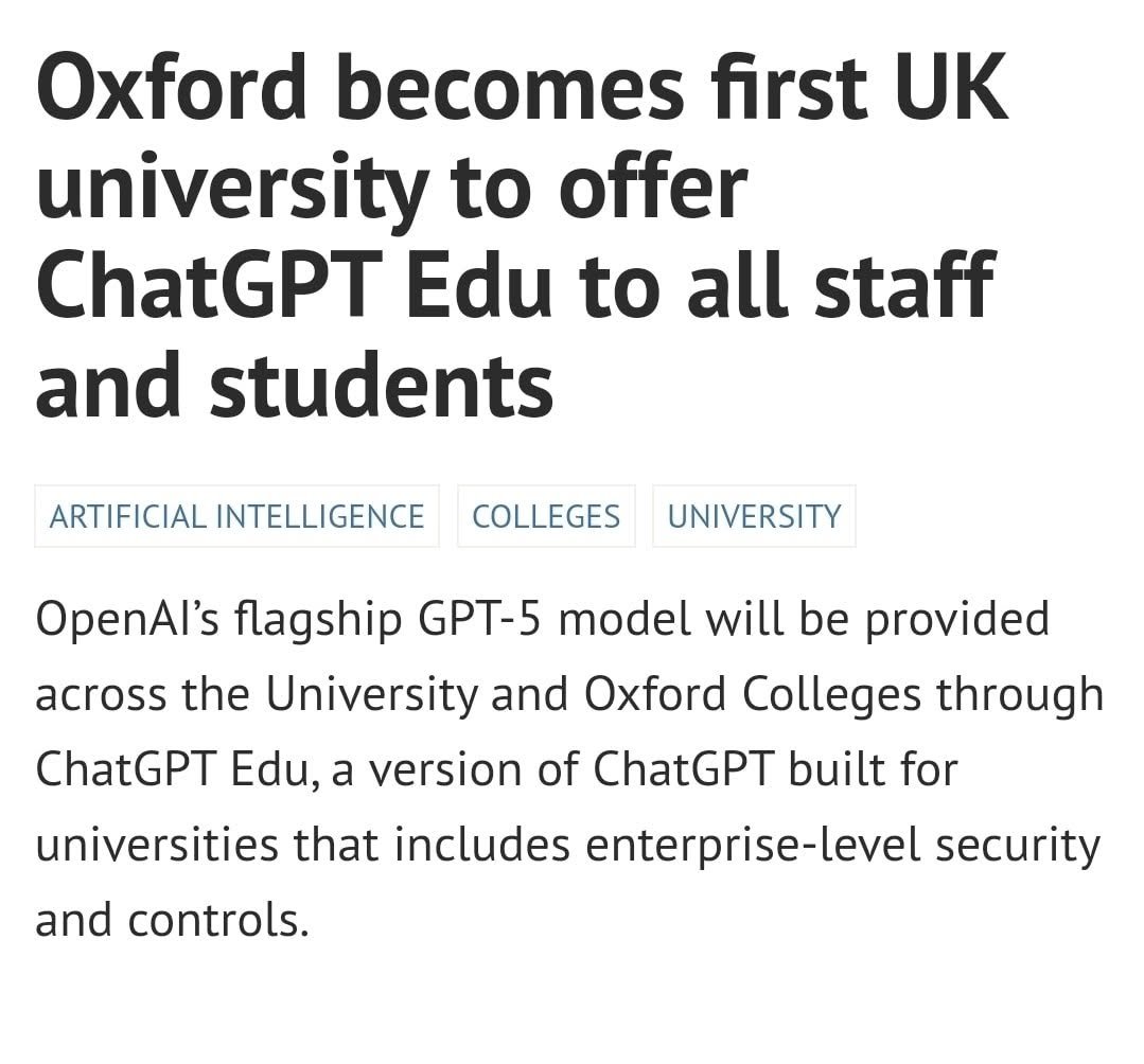 While many universities are asking students not to use AI in the academic work.

Oxford University became the first UK university to offer ChatGPT Edu to all staff and students.

It is better to adopt the technology early &amp; use it to your advantage rather than banning it.