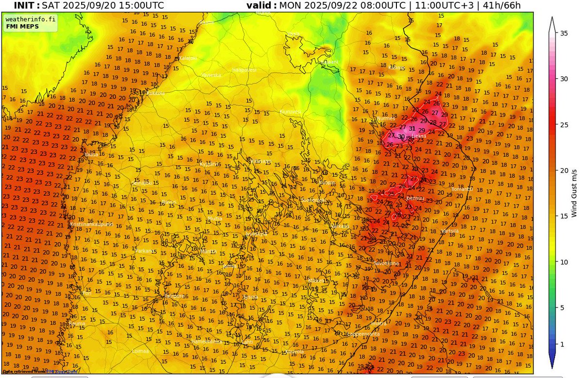 Severe wind gusts appear possible in eastern Finland on Monday if a convective line is able to form. According to models, an extremely fast jet streak will be situated over Finland, with winds around 100 kt at 500 hPa level. #EUwx #sää #myrsky #rajuilma
