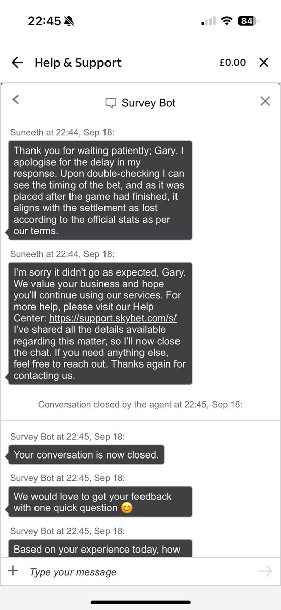 ⁦<a href="/SkyBet/">Sky Bet</a>⁩ ⁦<a href="/AndyRobsonTips/">🎩 Andy’s Football Tips</a>⁩ bet placed after the game had finished although on site saying 4minutes to go, and this is the response 🤯😅