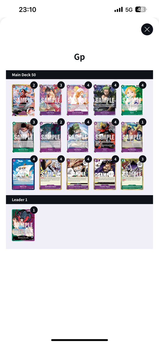 Athens Regionals 1st place. Gp never disappoints. 

R1 Blackbeard ✅
R2 Blackbeard ✅
R3 UP  ✅🎲
R4 Zoro ✅🎲
R5 Koby ❌
R6 Shanks  ✅ 🎲
R7 BY Nami ✅
R8 UP ✅🎲

   5th in Swiss 

Top 16 Koby 2-0 ✅ 🎲
Top 8 UP 2-1 ✅  🎲
Top 4 UP 2-0 ✅
Finals UP 2-1 ✅ 🎲