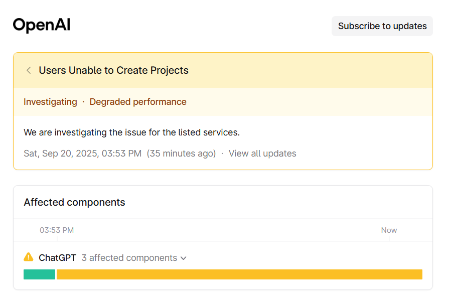MatthewAGilbert's tweet image. .@OpenAI @OpenAIDevs Please fix the &quot;Error Creating or Updating Project&quot; issue already; it&apos;s been going on for 24+ hours. #ChatGPT #Error #Status #Project  
status.openai.com/incidents/01K5…