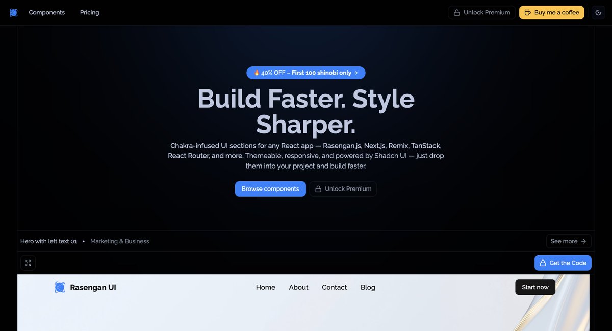 rasenganjs's tweet image. We are introduicing Rasengan UI - a nice collection of 100+ React components built on top of @shadcn 

Want to build fast by using some predefined components like:

- Heroes sections
- Pricing sections
- Teams sections
- and more ?

Juste one link,
👉 ui.rasengan.dev