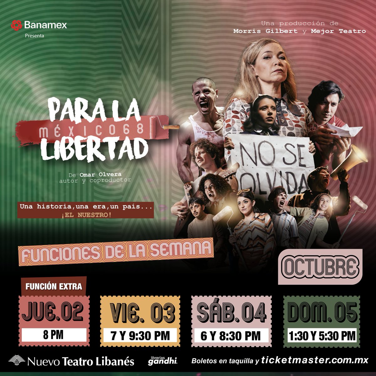Para La Libertad. México 68 (@plalibertadmx) on Twitter photo Porque hay fechas que no se olvidan, adquiere ahora mismo tus boletos en bit.ly/ParaLaLibertad… y ven a conmemorarlas en #ParaLaLibertad.
🕊️ 2 de oct. | ⏰ 8 p.m.
📆 3 de oct. | ⏰ 7 y 9:30 p.m.
📆 4 de oct. | ⏰ 6 y 8:30 p.m.
📆 5 de oct. | ⏰ 1:30 y 5:30 p.m. Porque hay fechas que no se olvidan, adquiere ahora mismo tus boletos en bit.ly/ParaLaLibertad… y ven a conmemorarlas en #ParaLaLibertad.
🕊️ 2 de oct. | ⏰ 8 p.m.
📆 3 de oct. | ⏰ 7 y 9:30 p.m.
📆 4 de oct. | ⏰ 6 y 8:30 p.m.
📆 5 de oct. | ⏰ 1:30 y 5:30 p.m.