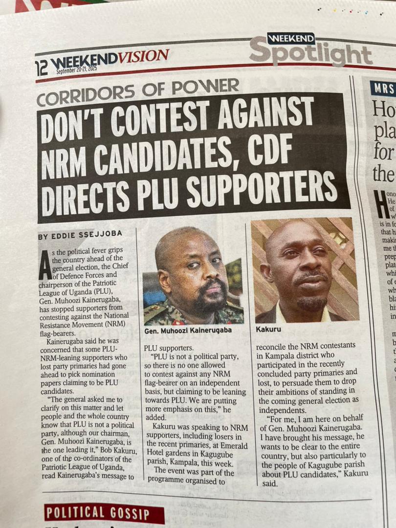 MkainerugabaAd1's tweet photo. In Today's Saturday Vision, our Supreme Leader Gen. Muhoozi Kainerugaba is clear about his stance on the issue of PLU Supporters who want to contest against NRM Flag bearers.  Thank you @BobKakuru for that clarity on behalf of our Chairman MK! https://t.co/Oo8SeANKJ4
