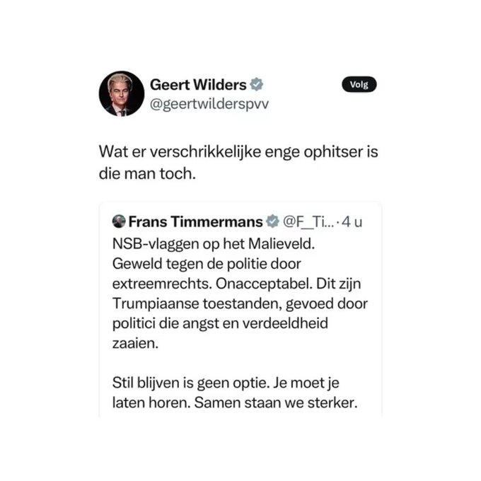 Toen Mussolini in 1921 geconfronteerd werd met de excessen van zijn eigen zwarthemden kreeg hij benauwd.
Hij schoof  het straatgeweld stelselmatig in de schoenen van “socialisten/communisten”.
Wilders doet hetzelfde.
Niet de moordenaar is schuldig, maar het slachtoffer