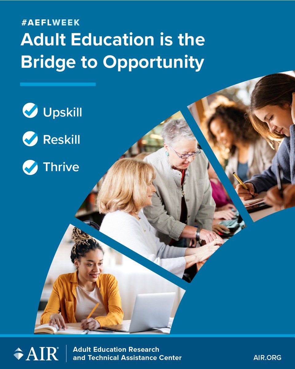 AIRInforms's tweet image. This #AEFLWeek we’ve celebrated how #AdultEd builds #WorkforcePrep skills like problem solving, adaptability, and continuous learning. Adult Education strengthens the workforce by teaching skills that matter. Learn more: air.org/centers/aertac