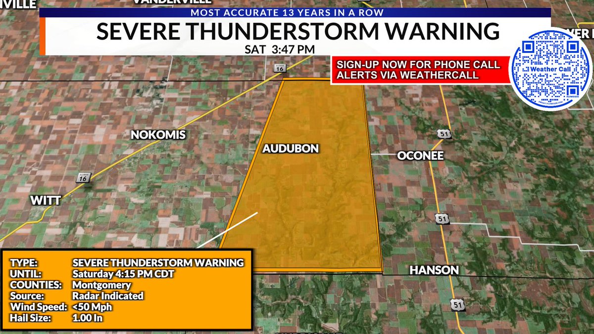 NEW: A Severe Thunderstorm Warning has been issued for parts of the WCIA 3 Viewing Area until Sep 20, 2025 4:15PM CDT.  Get more on the WCIA 3 Weather App and on WCIA.com/weather?utm_me….