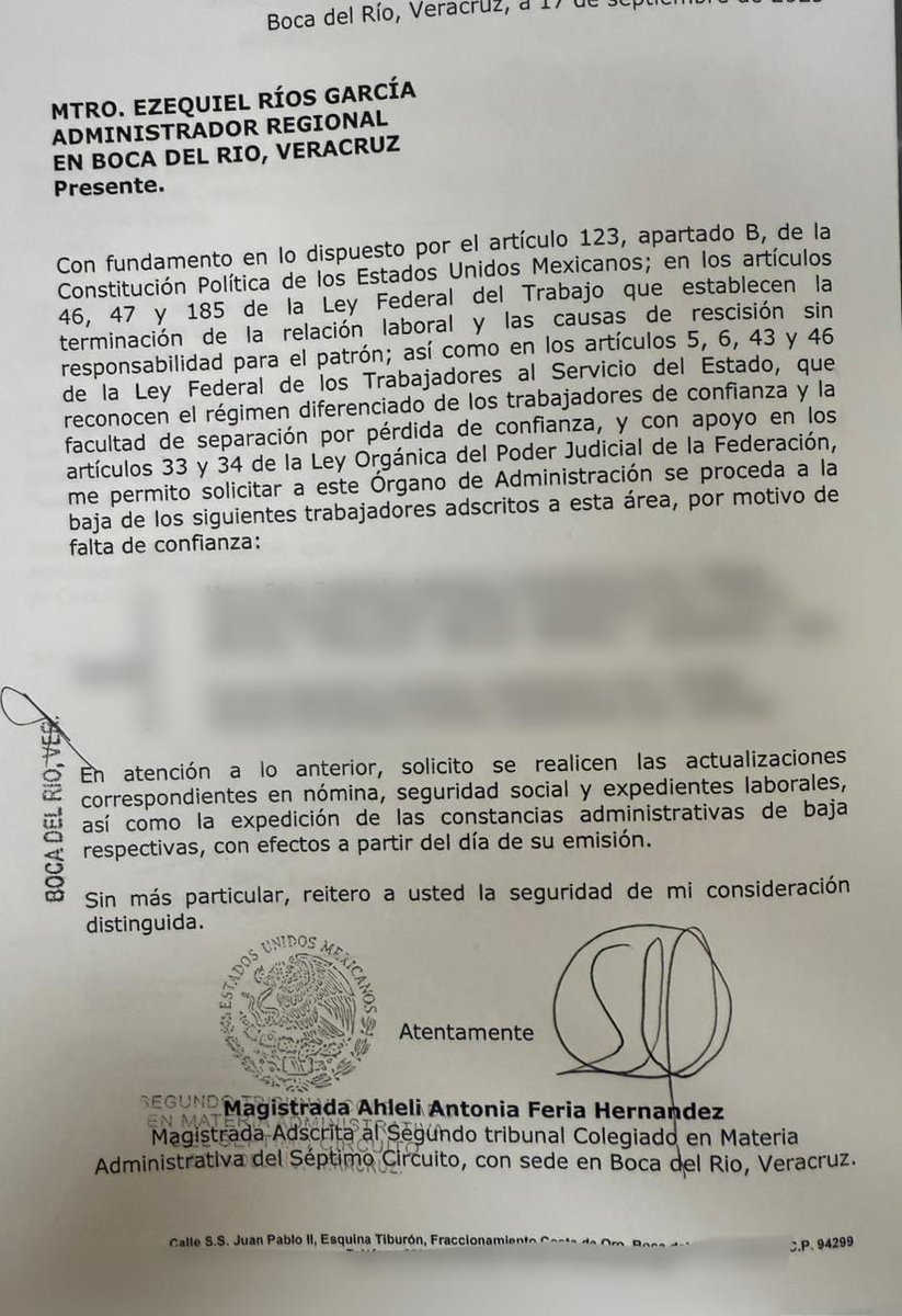 CarlosArteagaTo's tweet photo. Así la magistrada federal Ahleli Feria solicitó en su primer día laboral a la admón la rescisión de trabajadores de base, sin causa legal ni evaluación de su trabajo.

Además para despedirlos debe desahogarse un procedimiento.
@azucenau @lopezdoriga @ErnestoGuerra_ @Juan_OrtizMX https://t.co/5c1nnUNKko