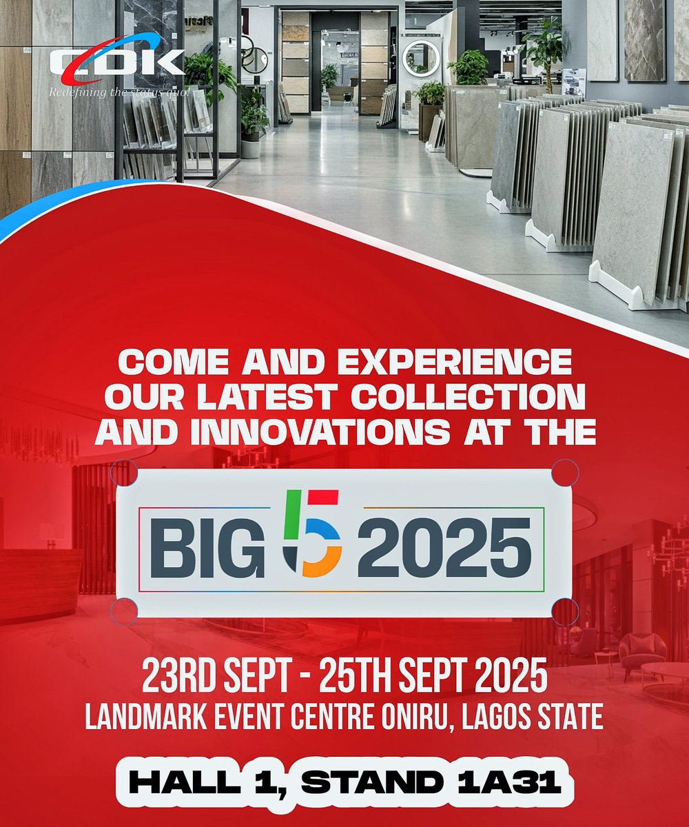 We are back at the BIG5 Construct. Come see our latest design collections and experience the best in premium tiles. From 23rd September-25th September 2025, at the Landmark Event Center, Oniru.