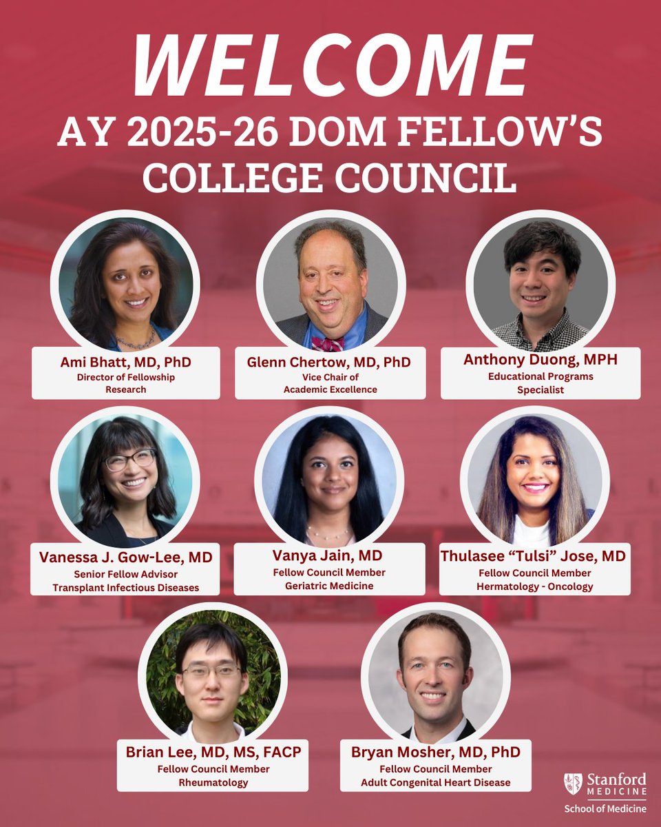 Stanford_ID's tweet image. Thrilled to welcome the 2025–26 Fellows’ College Council! This remarkable team of fellows, staff, and faculty advisors will lead career-development initiatives, mentorship programs, and community building across Stanford’s Department of Medicine.