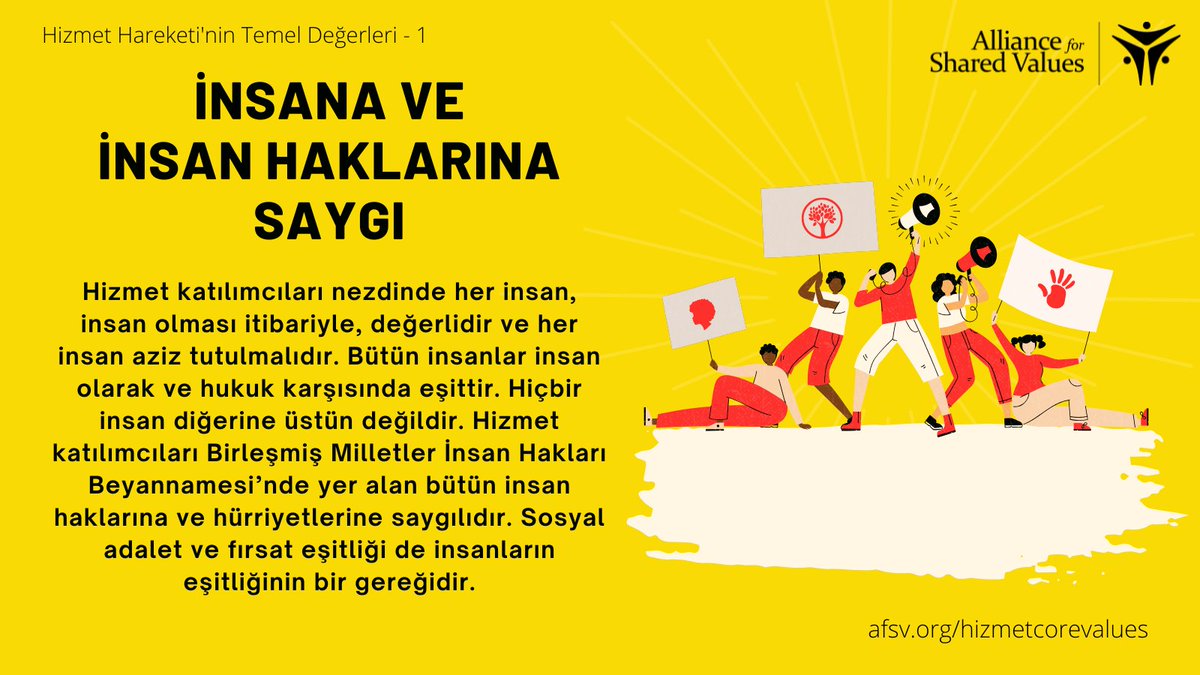 Hizmet Hareketi'nin Temel Değerleri - 1

Hizmet katılımcıları nezdinde her insan, insan olması itibariyle, değerlidir ve her insan aziz tutulmalıdır. Bütün insanlar insan olarak ve hukuk karşısında eşittir. Hiçbir insan diğerine üstün değildir. Hizmet katılımcıları Birleşmiş