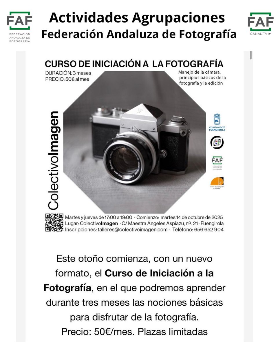 Curso de Iniciación a la Fotografía, en el que podremos aprender durante tres meses las nociones básicas para disfrutar de la fotografía.
Empezamos el 14 de octubre 2025.
Martes y jueves de 17:00 a 19:00

talleres@colectivoimagen.com
656 652 904
Precio: 50€/mes. Plazas limitadas