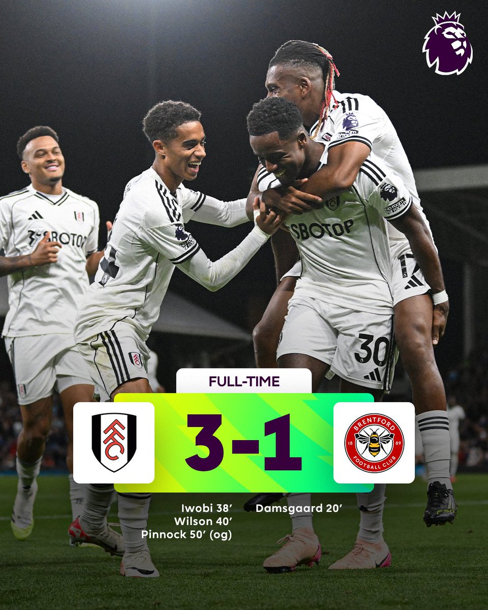 🚨| Fulham 3 — 1 Brentford

• Iwobi ⚽🅰️
• Wilson ⚽
• Pinnock "Own Goal"
• Sessegnon 🅰️
• Muniz 🅰️

• Damsgaard ⚽

— Bonus
• Iwobi 3️⃣
• Wilson 2️⃣
• Damsgaard 1️⃣

— DEFCON 2 Points
• Andersen, Bassey

#FPL | #FPLCommunity | #FULBRE