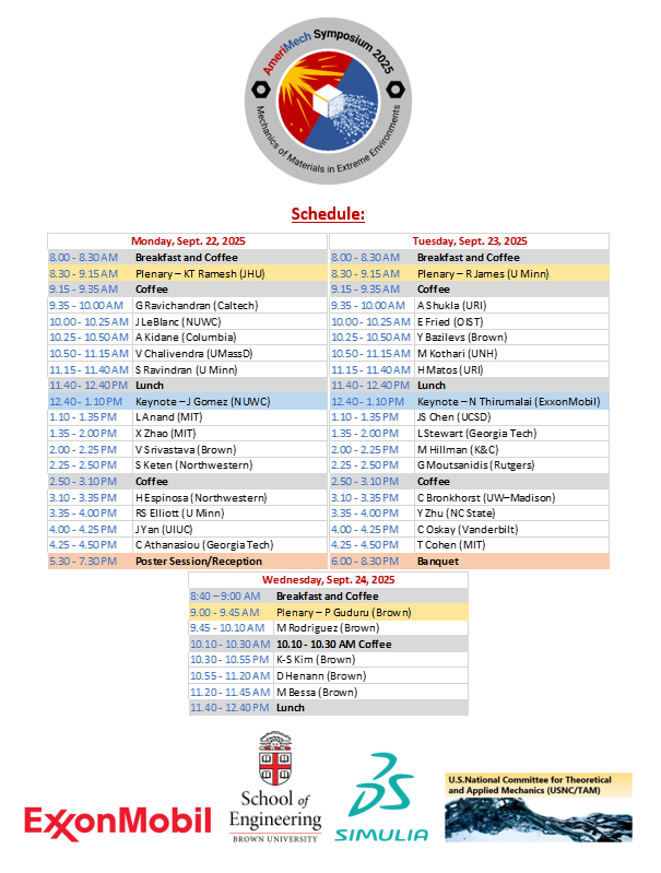 Srivastava_Lab's tweet image. Join us this week from Sept 22-24 as we host the &quot;2025 AmeriMech Symposium: Mechanics of Materials in Extreme Environments&quot; at @BrownUniversity! We are excited to welcome the many amazing speakers to present about their innovative research #AmeriMech2025 amerimechextrememat.wixsite.com/main