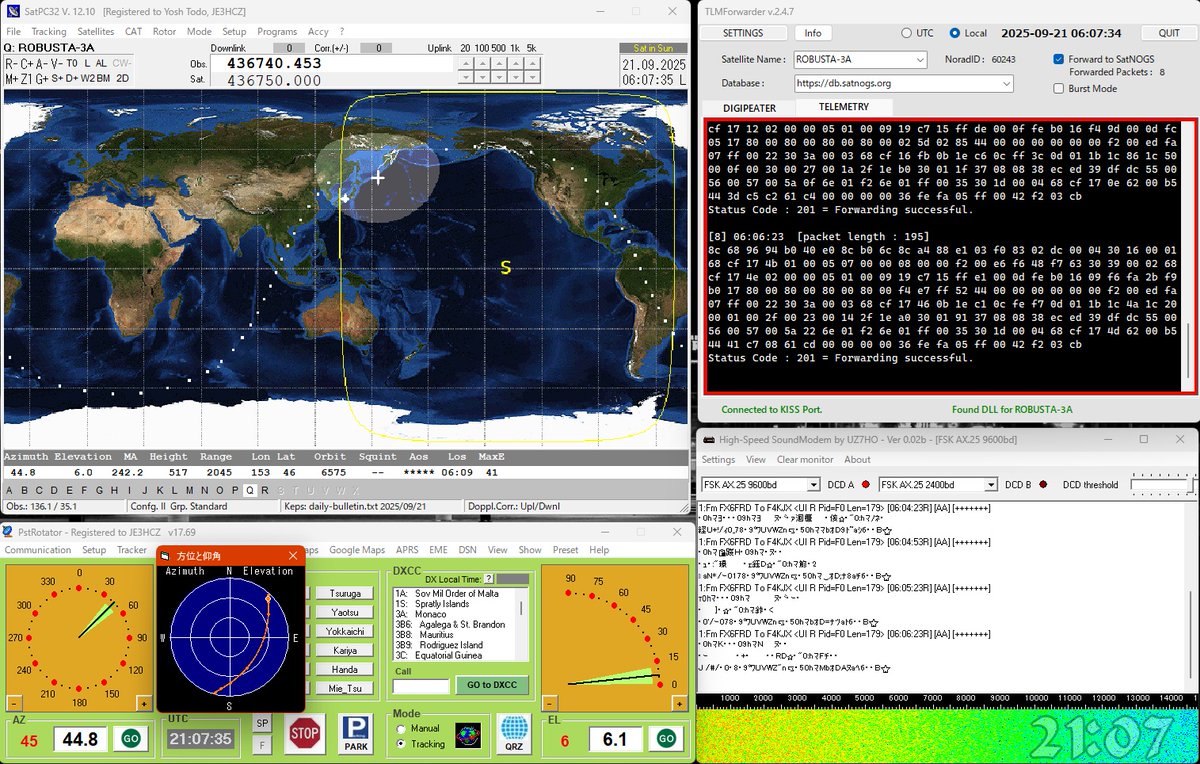 Day_Tripper0's tweet photo. #ROBUSTA_3A #FX6FRD passed at 2025-09-20 20:57z over Omihachiman Japan.
Forwarded 8 telemetry packets to the @SatNOGS DB.
#hamradio #hamr #amsat #hczsatlog https://t.co/MvZArNOP5g