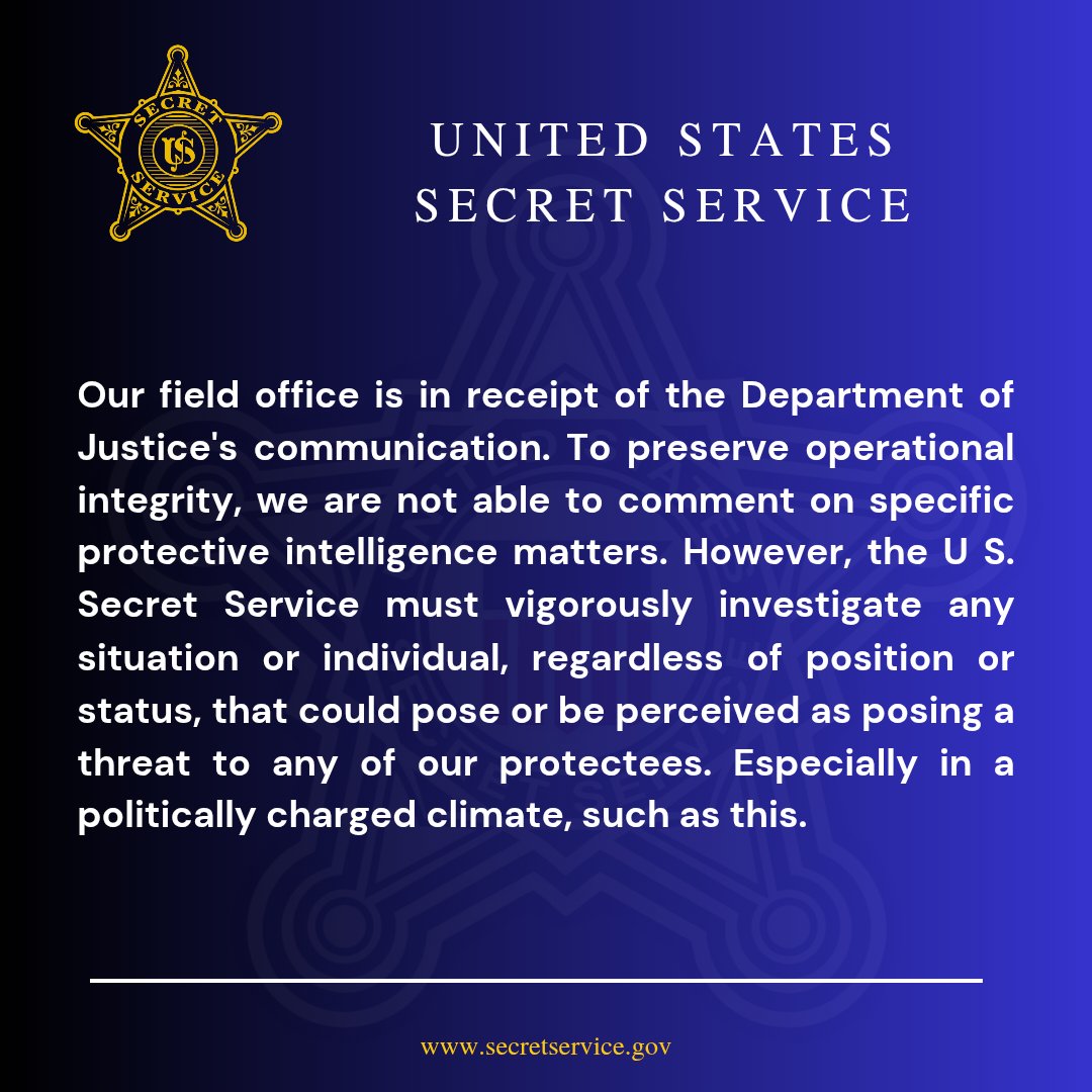 SecretSvcSpox's tweet image. Statement on @USAttyEssayli Referral Regarding Social Media Posts Directed at Secret Service Protectee @SecNoem
