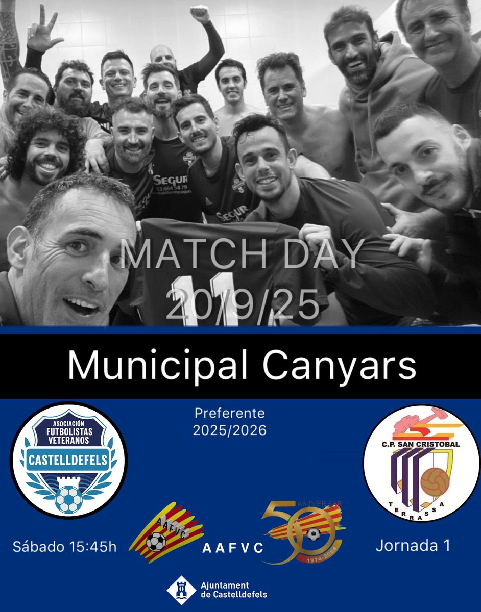 LIGA|🔵 PREFERENTE
💙#veterans 

El @afvcastelldefels recibe a @cp_sancristobal 

Sábado 15:45h
Municipal Canyars