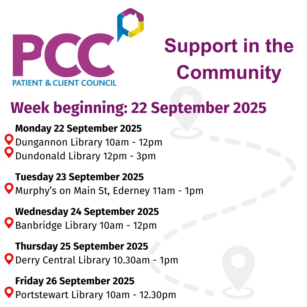 PatientClient's tweet image. 👋Lots of opportunities to meet #TeamPCC next week as our practitioners provide #PCCSupport in the Community⬇️

✅Our service is independent, free &amp;amp; confidential
✅No booking required

🖱️More info pcc-ni.net/pcc-support/pc…