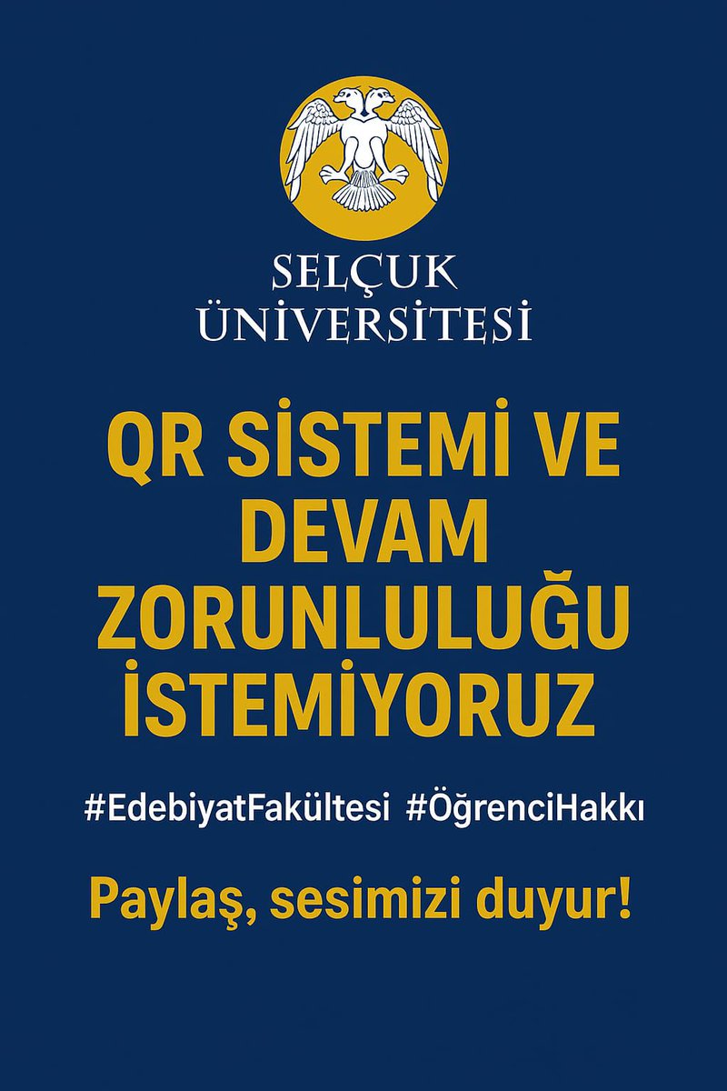 Selçuk Üniversitesi’nde başlatılan karekod ile yoklama uygulaması, hem Türkiye Cumhuriyeti Anayasası’na hem de Kişisel Verilerin Korunması Kanunu’na (KVKK) aykırıdır. 
#SelcukQrKaldır
#SelcukYoklamayıKaldır
<a href="/ProfDrHYilmaz/">Hüseyin Yılmaz</a>
<a href="/selcukuniresmi/">Selçuk Üniversitesi</a>