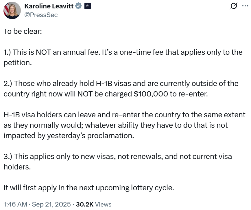 UttarandhraNow's tweet image. #BigUpdate

భారతీయుల నెత్తి మీద పాలు పోసిన కరోలిన్ లీవిట్..

➡️ఇది వార్షిక రుసుము కాదు. పిటిషన్‌కు ఒకేసారి చెల్లించే రుసుము

➡️ఇప్పటికే H-1B వీసాలు కలిగి ఉన్నవారు మరియు ప్రస్తుతం దేశం వెలుపల ఉన్నవారు తిరిగి ప్రవేశించడానికి $100,000చెల్లించాల్సిన అవసరం లేదు

➡️H-1B వీసా హోల్డర్లు