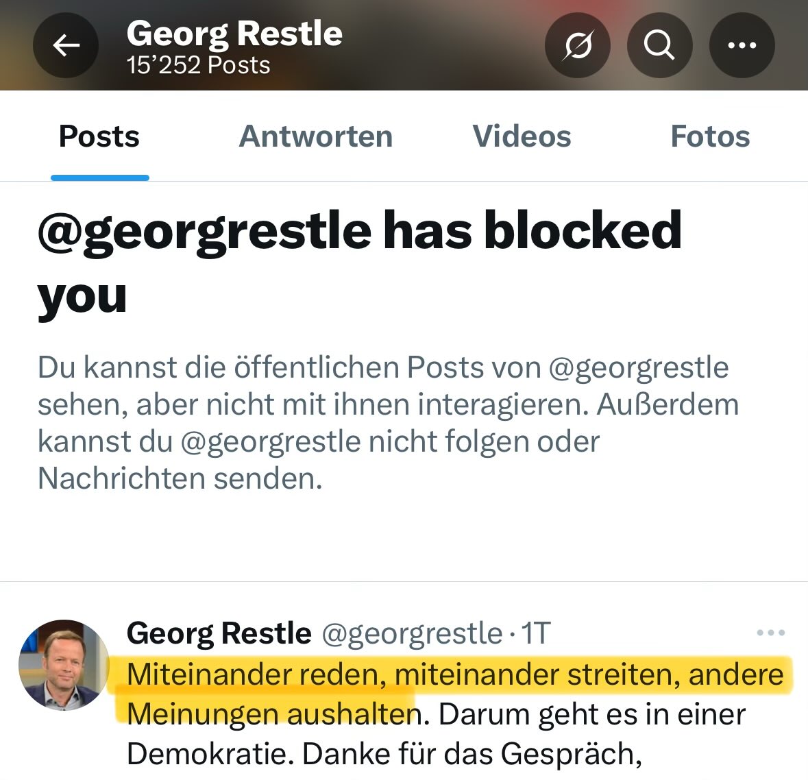 Meine Meinung hat <a href="/georgrestle/">Georg Restle</a> nicht ausgehalten.

Dabei wollte ich nur mit ihm „reden“ und ein bisschen „streiten“.