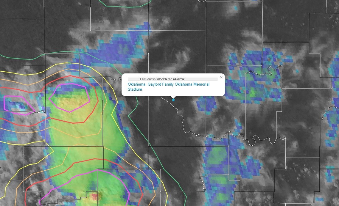 ⚡️⚡️LightningCast is showing an increasing probability of lightning approaching the OU game in Norman over the next 60 to 90 minutes. Slowly moving storms continue to move east with lots of cloud to ground lightning!  #Oklahoma

Aaron 4:20PM