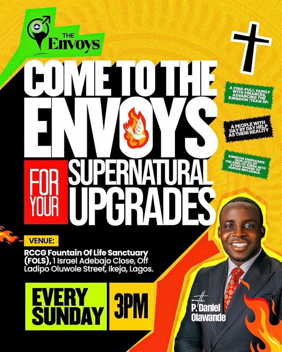 Don’t miss service tomorrow at the Envoys <a href="/rccgtheenvoys/">RCCG - THE ENVOYS</a> 

It’s going to be explosive, illuminating, life transforming.

Don’t miss it at all.

3pm
Rccg fountain of life sanctuary, Ladipo Oluwole Ikeja Lagos.