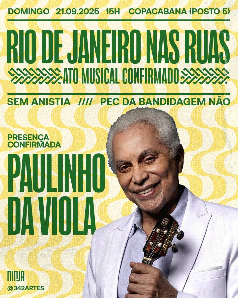 🚨 AGORA: Paulinho da Viola confirma participação no ato do Rio de Janeiro! Isso aqui tá bom demais 🔥🔥🔥

#PECdaBandidagemNAO #SemAnistia
