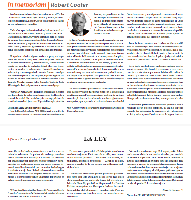 Hugo Acciarri, in memoriam Robert Cooter

En Diario <a href="/LaLeyRedaccion/">TRLaLey - Redacción Jurídica</a> del 19 de septiembre de 2025