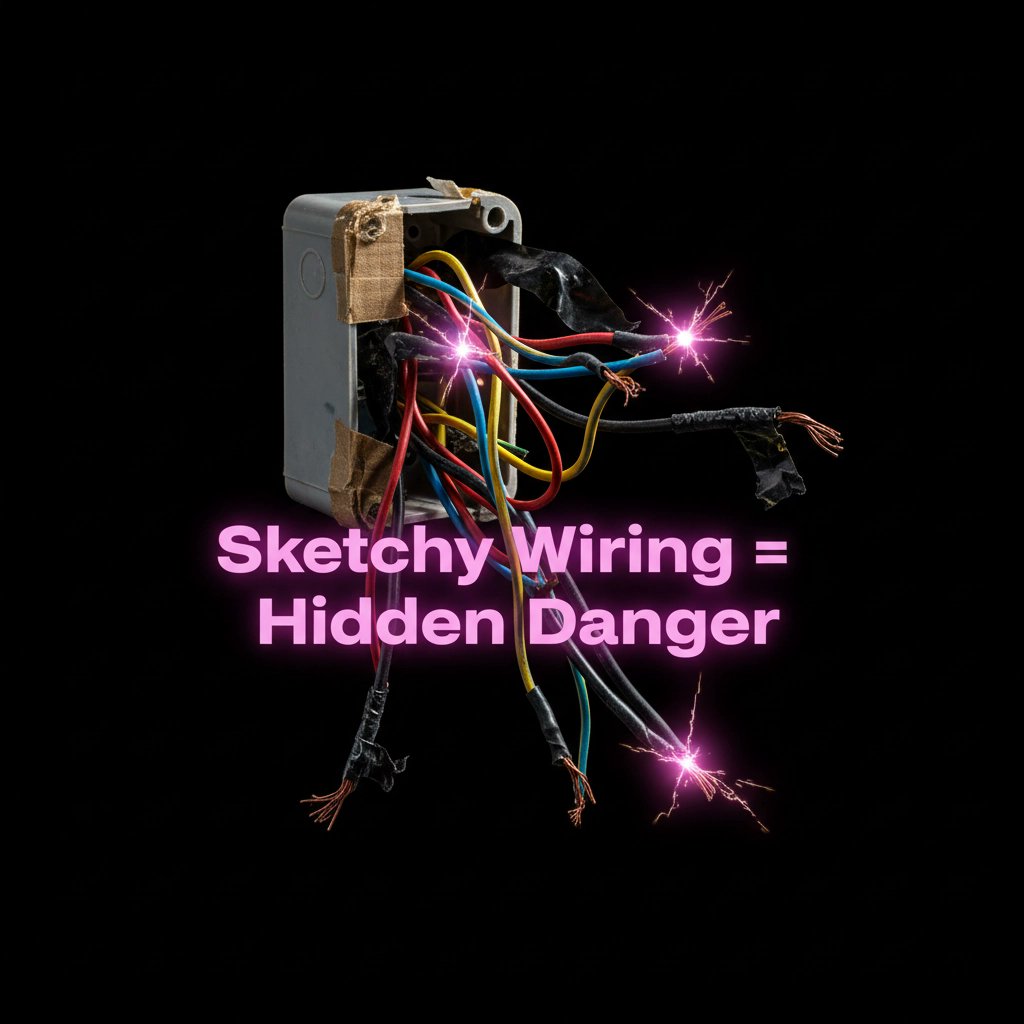 PlugLight's tweet image. Think all those DIY wires in your walls are safe? Think again. Exposed copper &amp;amp; mismatched connections are a fire waiting to happen. Double check your wiring; or better yet, call in the pros. Don’t gamble with your safety! #PlugLightBulb #ElectricalSafety #DIYFail