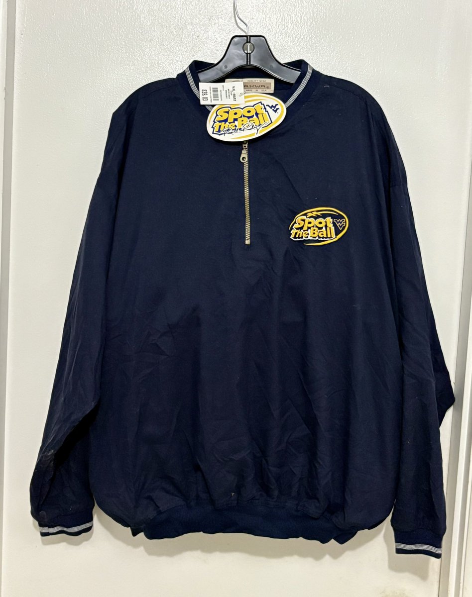 Lisa__Phares's tweet photo. @PatMcAfeeShow I think this would be a good item to have on your set to bring the Mountaineers good luck this season.  2001 original Spot The Ball pullover  💙🏈💛.  Let's gooooo! https://t.co/SW25YHdXz7