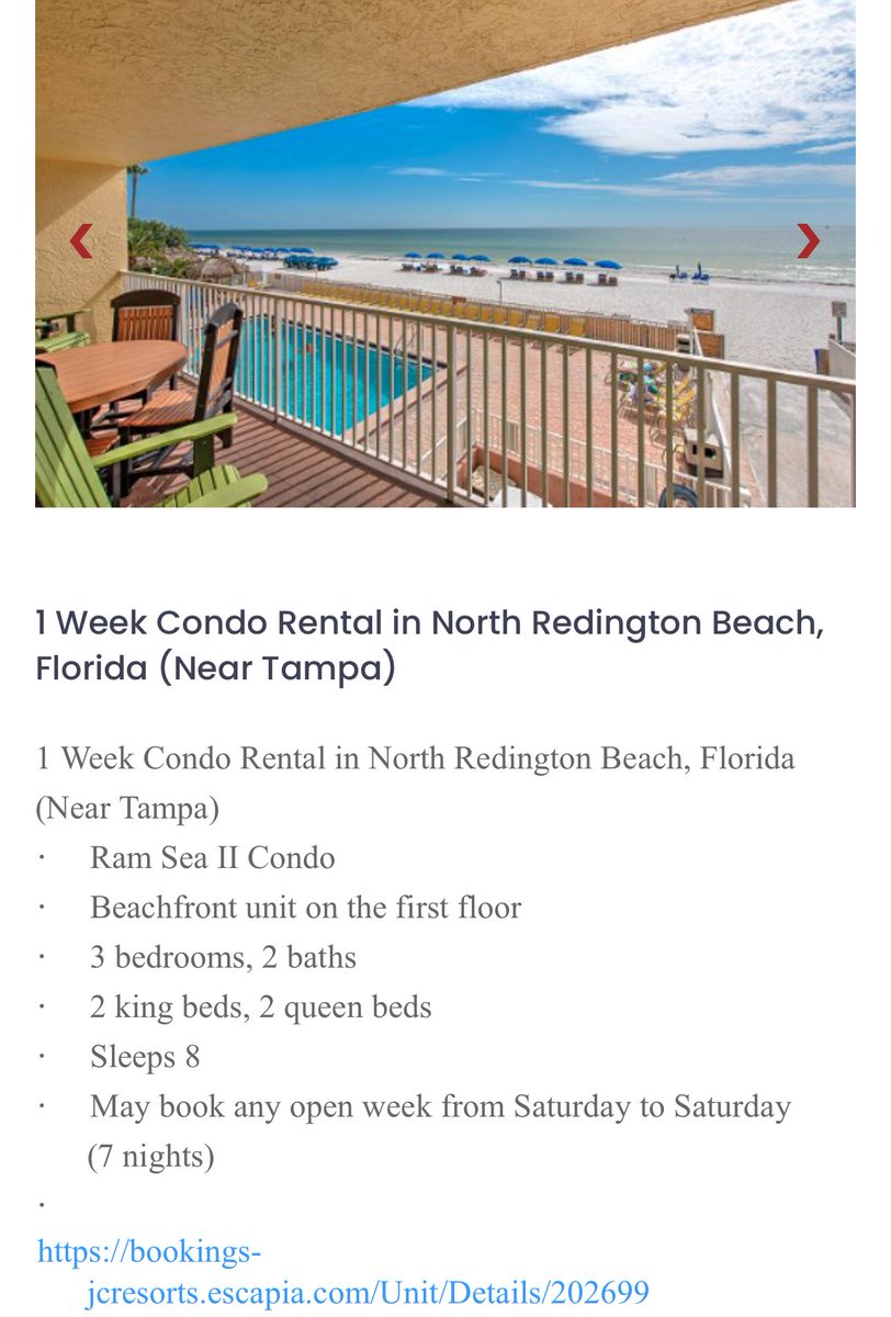 Be sure to check out item #86 in the BMC Online Auction. 👀 Oceanfront condo in North Redington Beach, FL. 🏖️⛱️☀️
Check the link ⬇️  for pictures, details, and availability. 

bookings-jcresorts.escapia.com/Unit/Details/2…

Bidding ends at 6 pm EST on Sunday‼️ Don’t miss out‼️

charityauctionstoday.com/e/16046