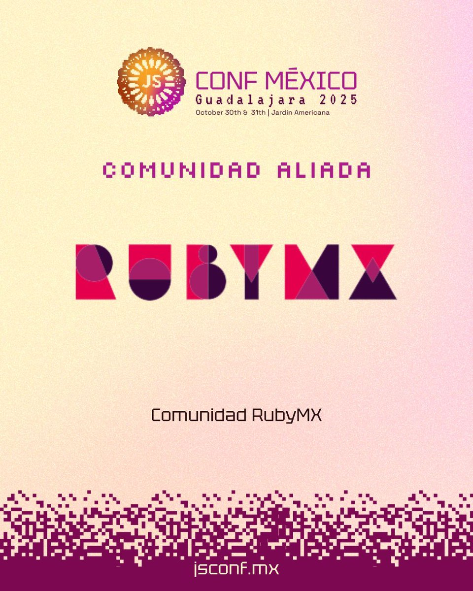 No todo lo que brilla es oro, son las joyas (unión de comunidades)✨
Gracias a la Comunidad RubyMX por unirse como aliada
Aprende y conoce de las comunidades tech en #JSConfMX 2025

🎟️Boletos en jsconf.mx

#javascript #jsconfmexico #community