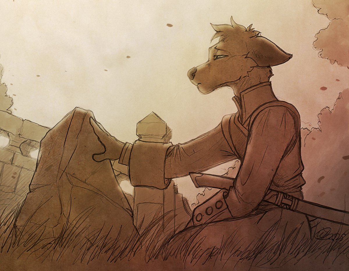 DanoGambler's tweet image. Daily Doodle 058 &quot;Remember&quot;

Once Haze had the possibility to make the travel through war-torn Vanerheim, he found the crosstoad where his life was shoved in a new direction.
He found a somewhat flat but unobtrusive boulder, and with much effort, he placed it in by the bridge.