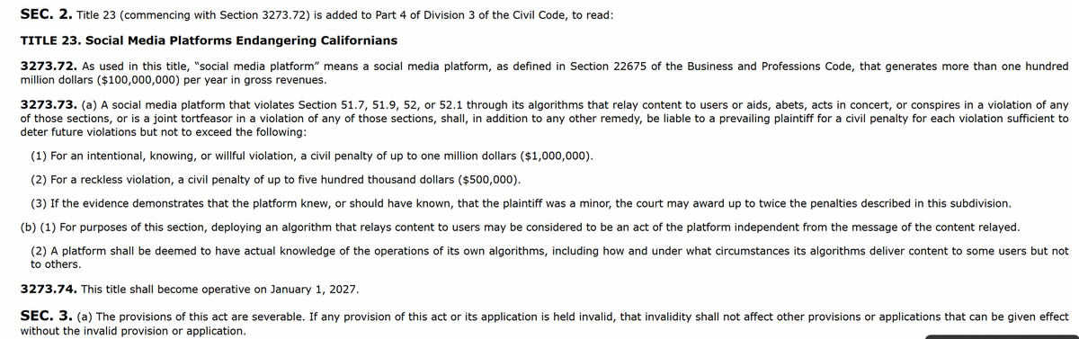 For those on both side arguing over free speech here's some news. California has just passed a law to control "hate speech" on any social media platform. Up to $1,000,000 fines if you say something they believe is "hateful". 

legiscan.com/CA/text/SB771/…