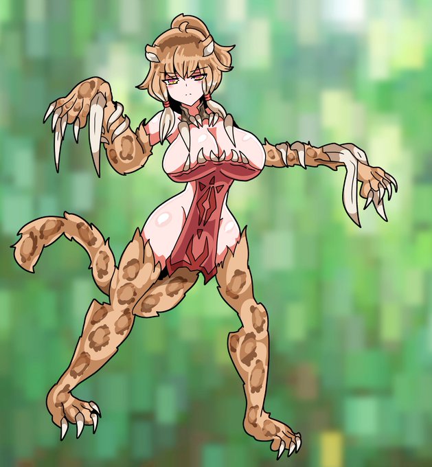 #魔物娘図鑑 #魔物娘図鑑二次 【ワースミロドン】 キャット族の古代種。腕部に牙のような突起があり、的確に弱点を貫くことで狩りをする。弱点を的確に刺激する性質は「夫を狩る」時も同様であり…… 背景はパブリックドメインのものを加工しました