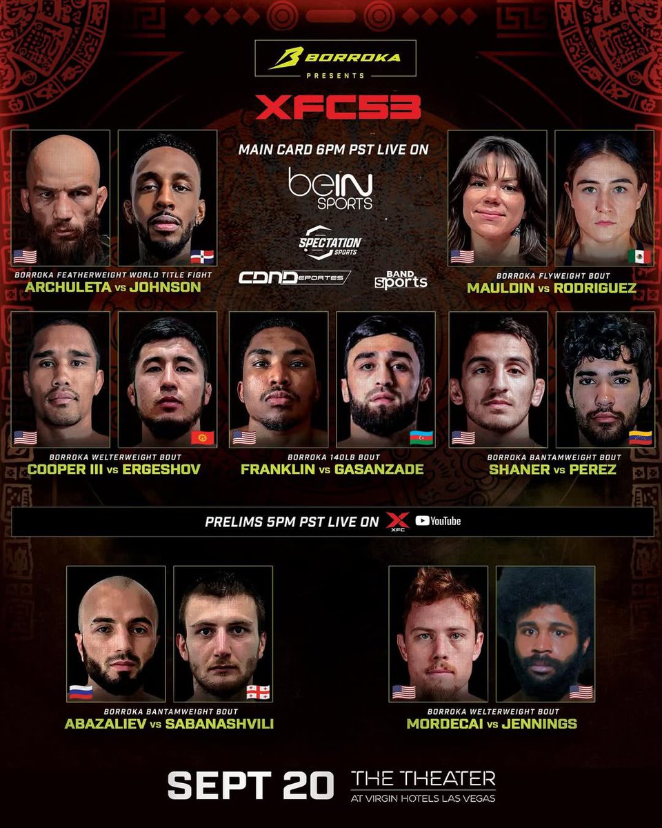 BORROKA presents: #XFC53 LIVE on <a href="/SpectationNet/">Spectation Sports</a> 

Former RIZIN and Bellator Champion, Juan Archuleta, defends his BORROKA Featherweight Champion in the main event tonight. 

Two-time PFL Tournament Champion, Ray Cooper III, makes his BORROKA debut tonight. 

(via <a href="/BorrokaMMA/">Borroka MMA</a>)