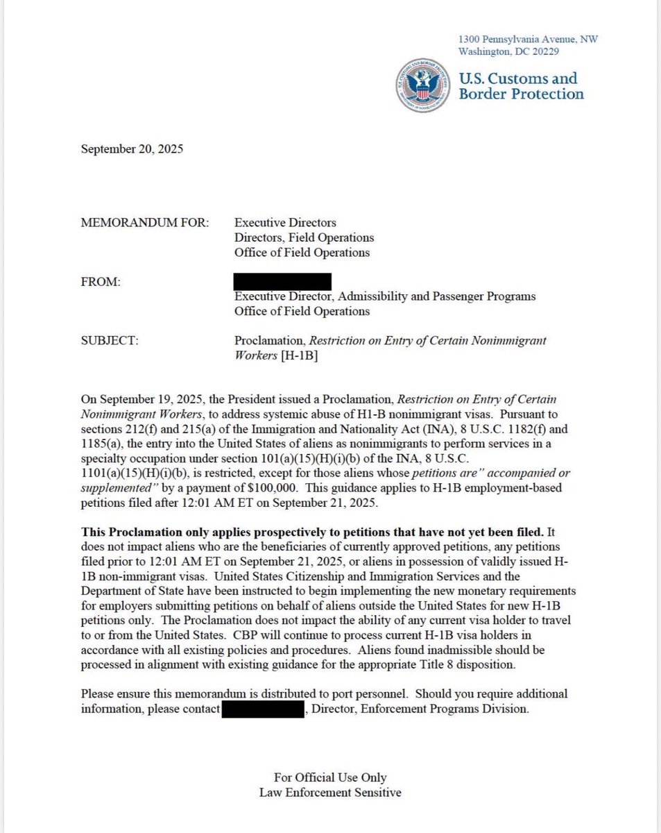 Per USCIS and CBP (see photos ), it appears that the new $100,000 fee will not apply to: (1) H-1B visa holders currently abroad who are reentering the U.S.; (2) H-1B visa holders traveling internationally and returning or (3) H-1B petitions filed prior to Sept. 21.