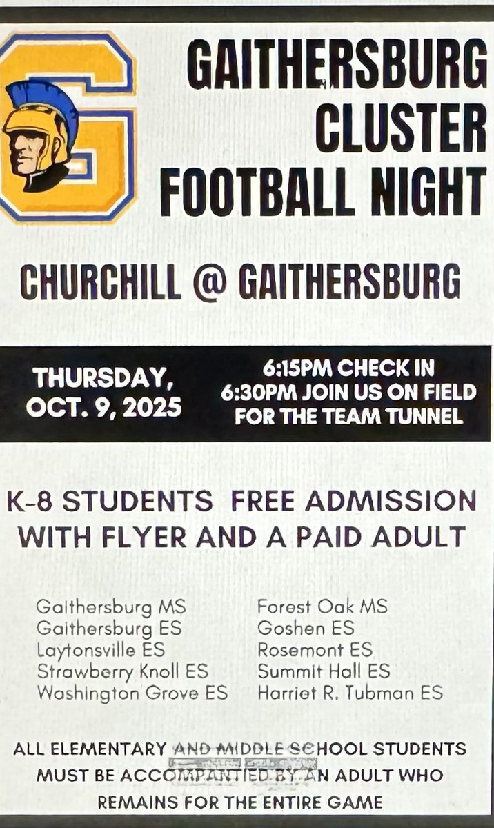 Gaithersburg Cluster, join us for a cluster football night on October 9!