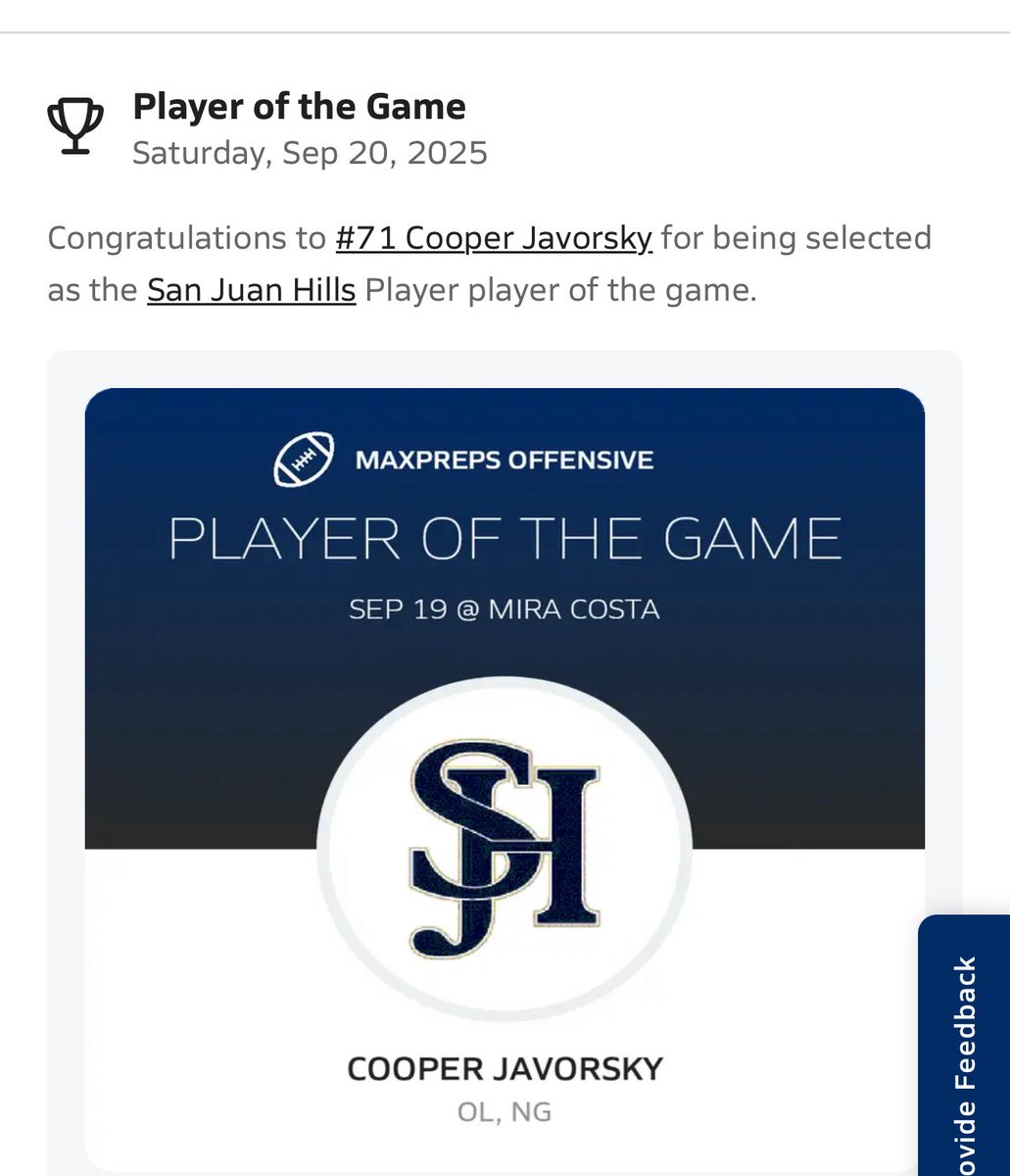 Honored to get Offensive Player of the Game 🙏 Wouldn’t have happened without the boys up front and my QB <a href="/TimmyHerr/">Tim Herr</a> …this one’s for the whole unit 💪 #TrenchMob #OLineLove #BuiltInTheBadlands <a href="/apjacobs/">Coach Jacobs</a>