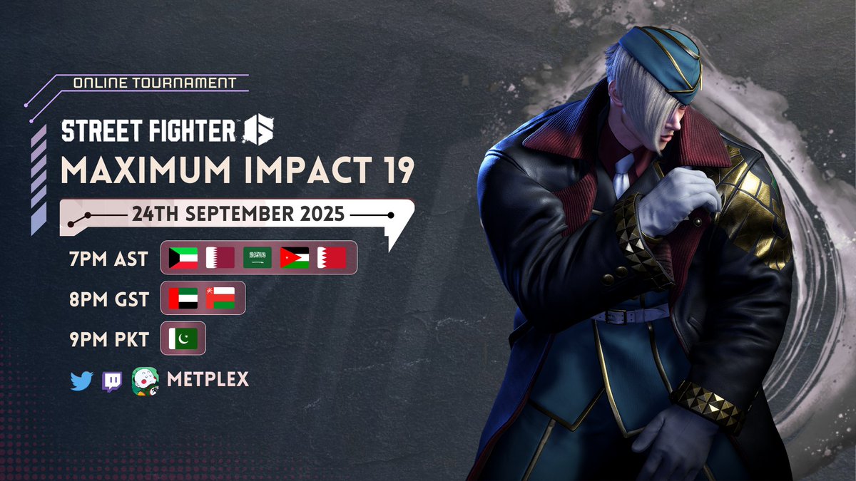 Metplex1's tweet image. Maximum Impact 19 is Here! 📅 24/09/2025

Prepare for another HYPE open bracket sf6 tournament! Get your practice in before the final World Warrior!

📌 challonge.com/mxi19
🔴 twitch.tv/metplex1
