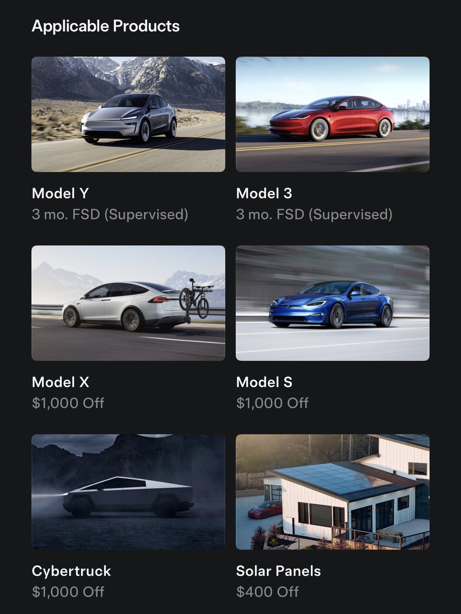 SawyerMerritt's tweet image. NEWS: Tesla has updated its referral program in the U.S. and Puerto Rico.

When someone uses your referral code and buys a Model S/X or Cybertruck, they’ll now receive a $1,000 discount towards their car purchase (up from $250).

Buyers of Model 3/Y still get 3 free months of FSD…