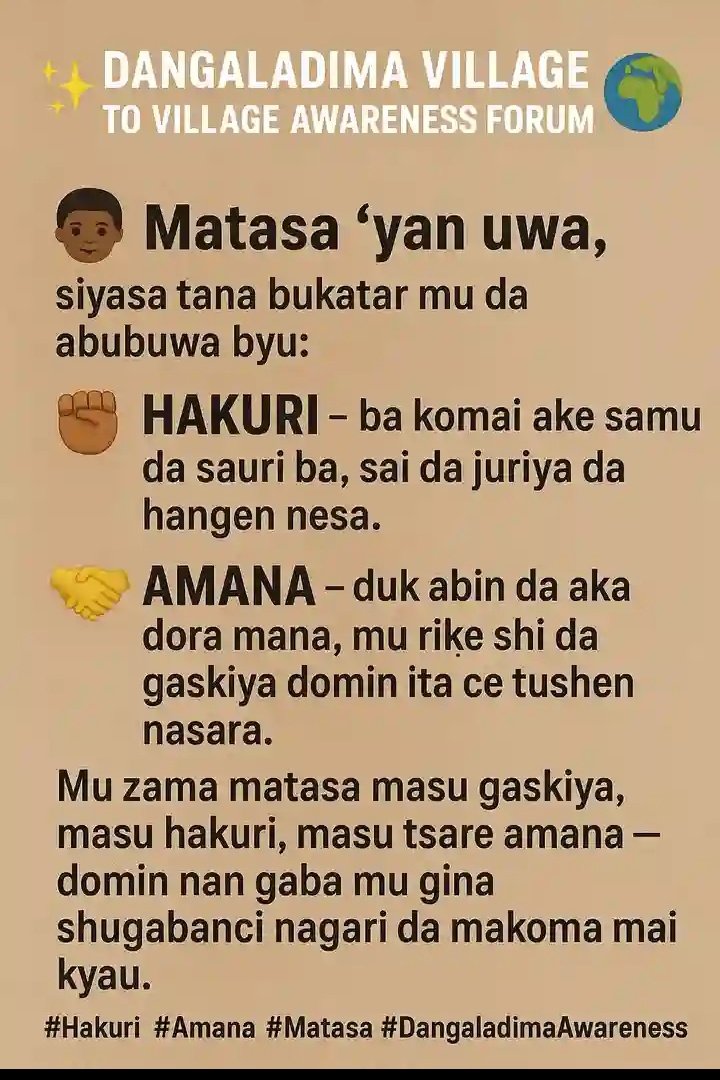 luwastar87's tweet photo. Dangaladima Village To Village Awareness Forum muna kira ga matasa su rungumi Hakuri da Amana domin samun shugabanci nagari da makoma mai kyau. 🌍✨
#Hakuri #Amana #Matasa #DangaladimaAwareness
@shamsudeen_bala @muhammadbauchi7 @LawalMuazBauchi @ZBTakko https://t.co/KLJvB8XKtg