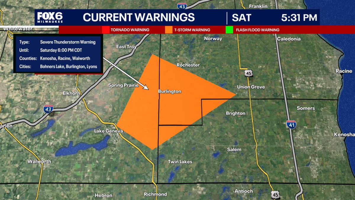 A Severe Thunderstorm Warning has been issued for parts of SE WI until 9/20 6:00PM. Make sure your cell phone emergency alerts are set to "ON." Tune into FOX6, Download the FOX6 Storm Center App &amp; FOX Local App for the latest information.