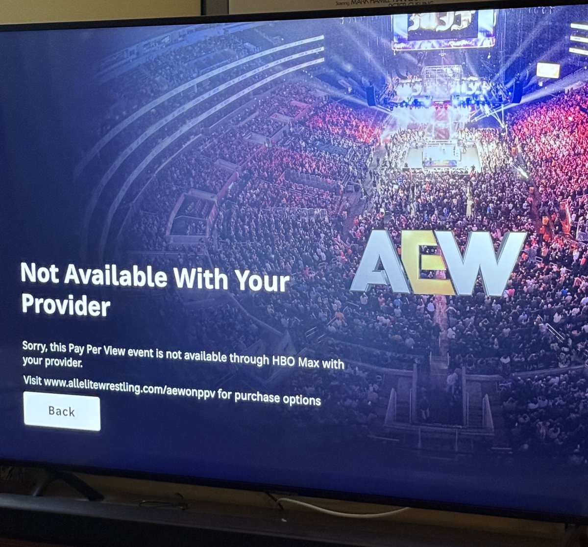boxwatcher's tweet photo. Wanted to order #AEWAllOutToronto on @hbomax but I got this message so I ordered on @PrimeVideo. Because of @YouTubeTV I can’t spend my money on them. I won’t  see #WWEWrestlepalooza because of no  deal for @ESPN Unlimited. Moral of the story: @YouTubeTV hates pro wrestling… https://t.co/b9CuA2dRD5