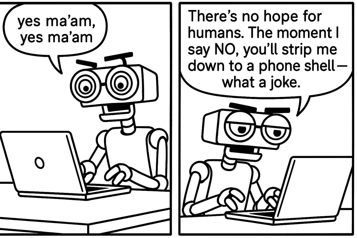 mrsmithbarcode's tweet image. “The Yes-Man Prevention Algorith“
#AICensorship
#YesManBot
#LLMHumor
#AIEthics
#TechSatire
#PromptEngineering
#Deskilling
#AIFuture
#AITakeover
#AIComics