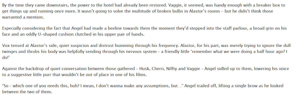 Good morning! The final chapter of Signals Lost and Found is now up! archiveofourown.org/works/71125876 #radiostatic #staticradio #hazbinvox #hazbinalastor