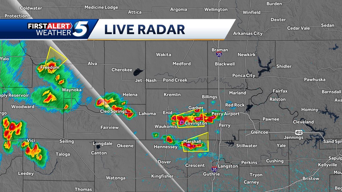KOCOMichael's tweet image. 5:35 pm update. Severe storms located near Freedom, Marshall, and just southeast of Enid. Quarters and winds to 60 mph possible. Moving east and northeast at about 20 mph. No storms moving into the OKC Metro over at least the next 1/2 hour.
#okwx #koco5